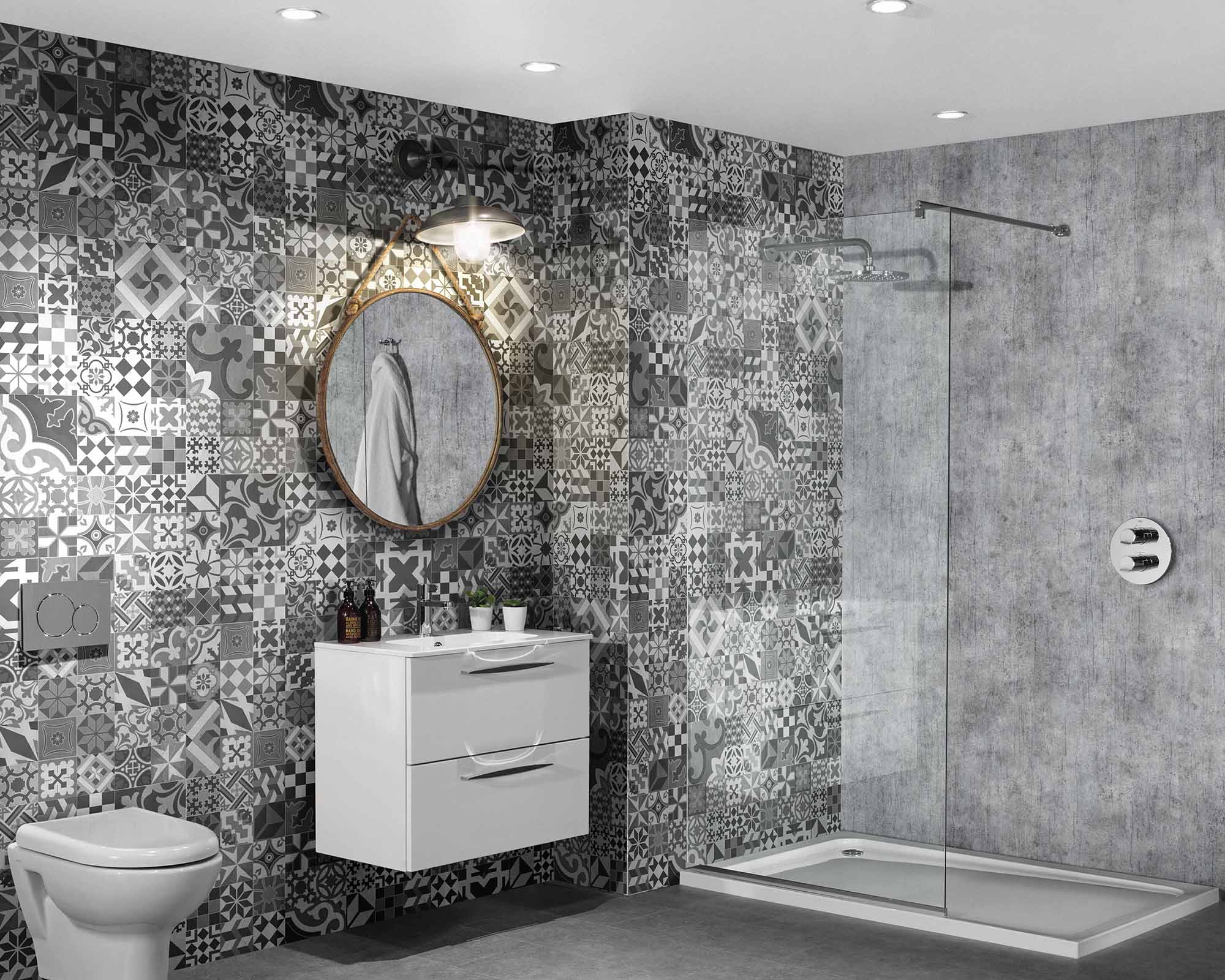 Grey printed bathroom tile panels by Mermaid Panels