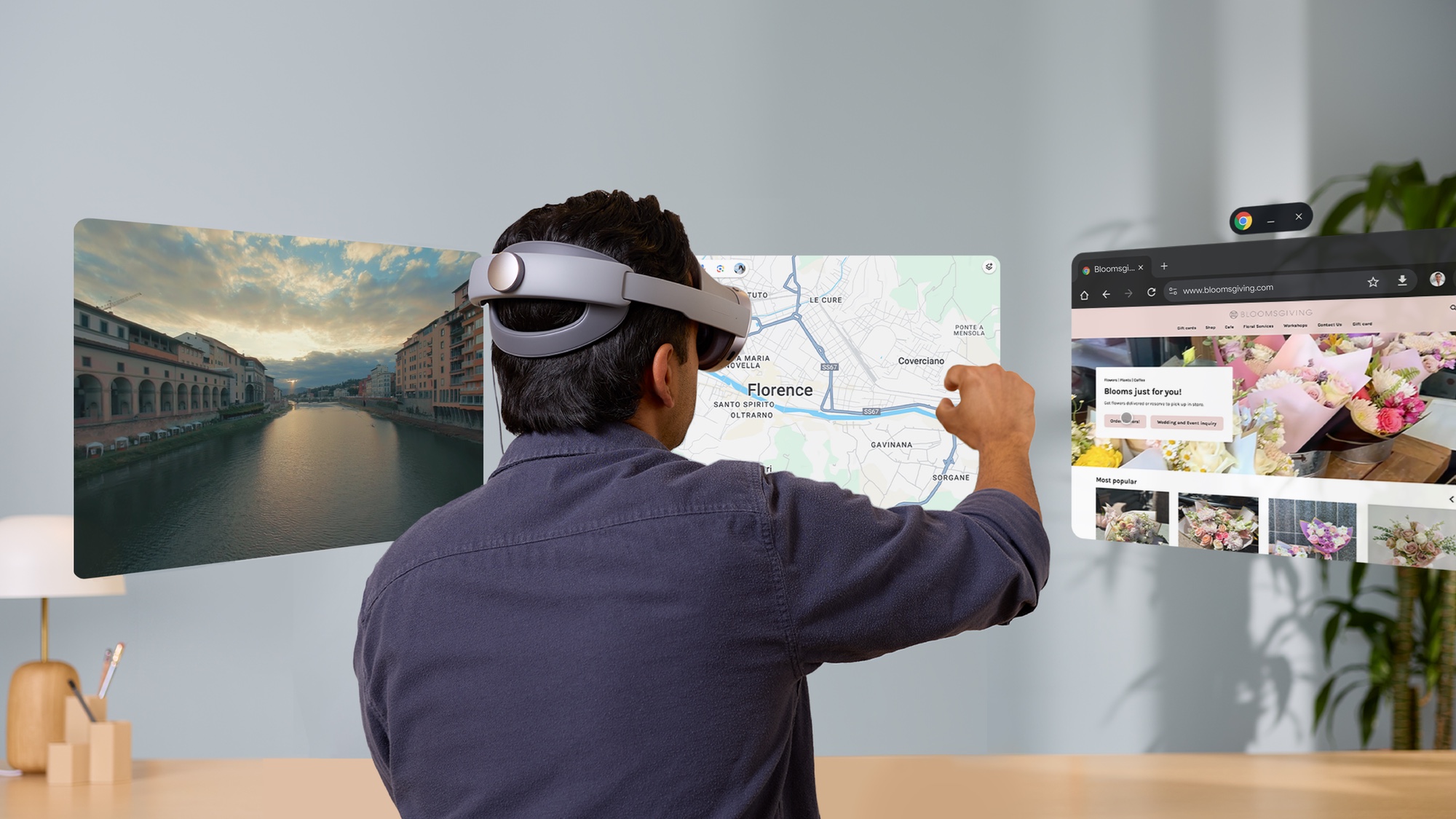 Someone using a Galaxy XR headset to do work