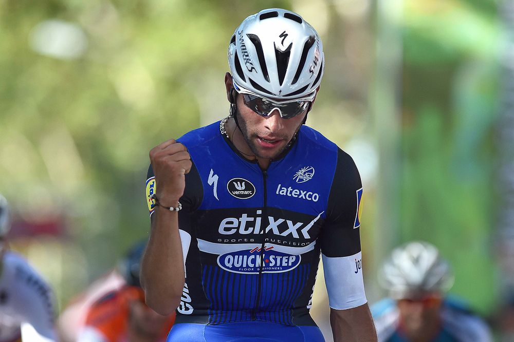 Fernando Gaviria celebrates winning stage 2 at the Tour de San Luis.
