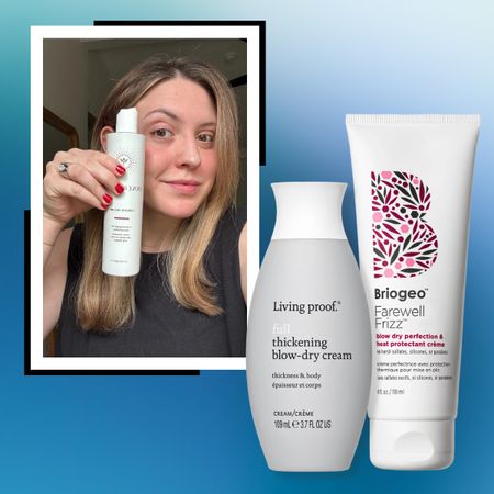 two blow dry cream bottles on a blue background next to a brunette woman holding a white bottle of blow dry cream