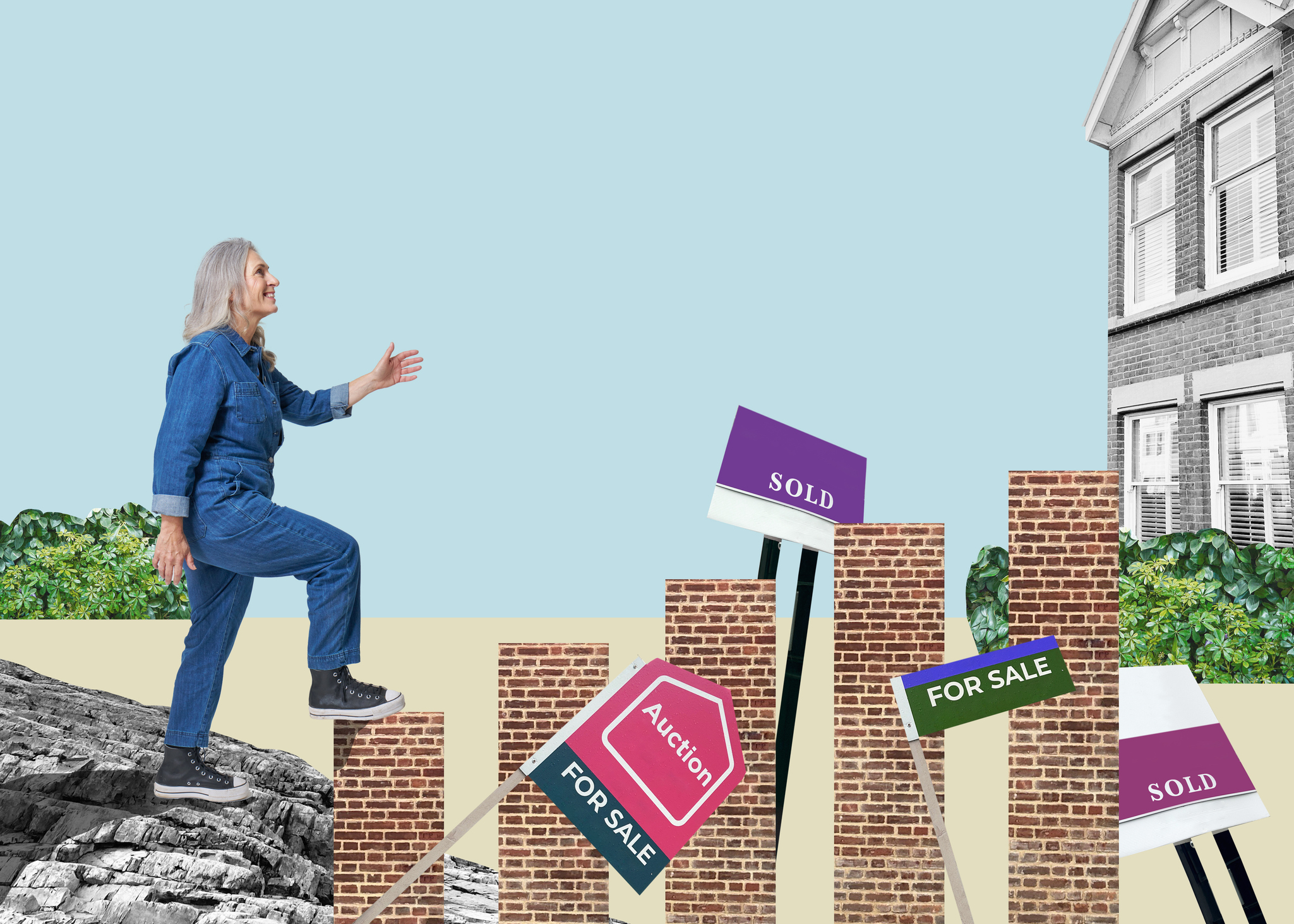Collage of woman walking up bar graph and surrounded by real estate agent signs to a home