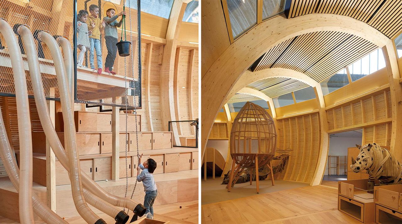 Children playing in the picture to the left, raising a bucket with a chain to the higher ground. The &quot;playground&quot; is a wooden arc, made of multiple leaves, and filled with wooden animals, and different wood objects.