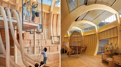 Children playing in the picture to the left, raising a bucket with a chain to the higher ground. The &quot;playground&quot; is a wooden arc, made of multiple leaves, and filled with wooden animals, and different wood objects.