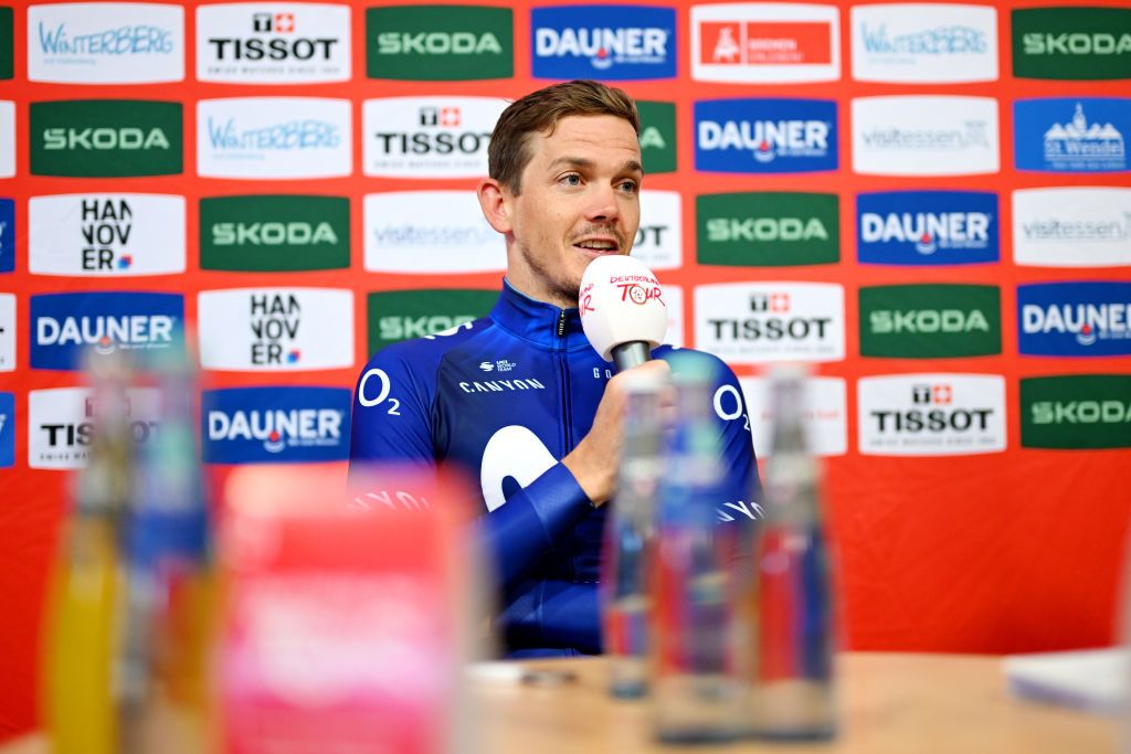 WINTERBERG GERMANY AUGUST 25 Stage winner Gregor Mhlberger of Austria and Movistar Team meets the media press after the 38th Deutschland Tour 2023 Stage 2 a 2013km stage from Kassel to Winterberg 629m on August 25 2023 in Winterberg Germany Photo by Christian KasparBartkeGetty Images