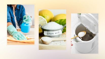 composite of woman cleaning, tub of citric acid and kettle being descaled