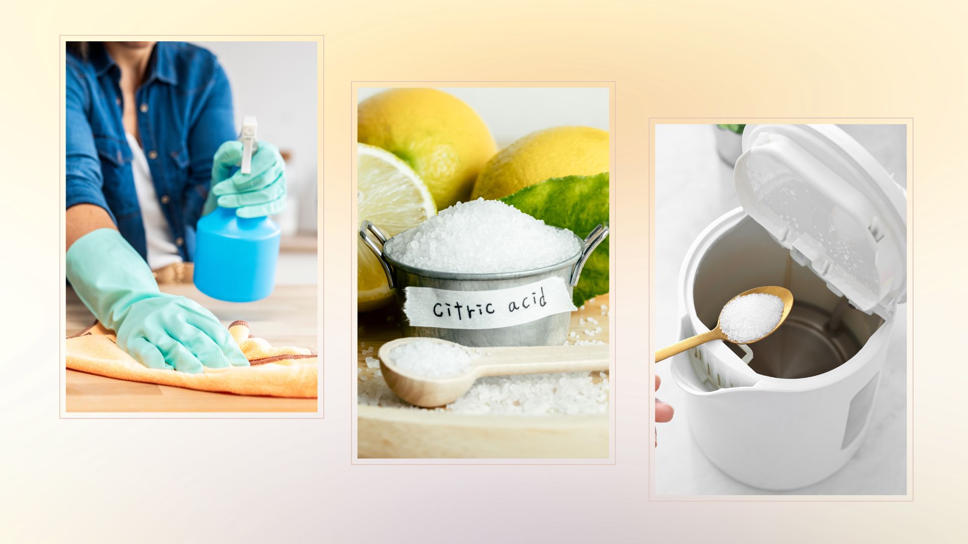 composite of woman cleaning, tub of citric acid and kettle being descaled 