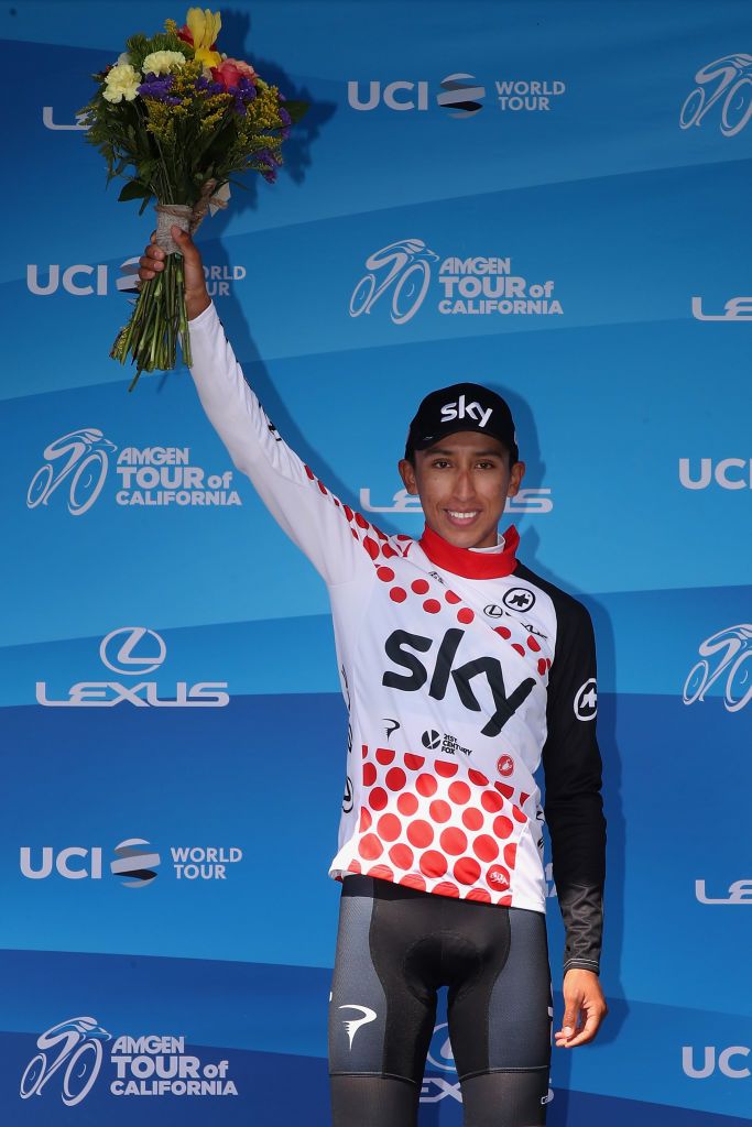 Team Sky's Egan Bernal is awarded the climber's jersey, as well as holding the green sprints jersey and the white best young rider jersey after stage 4 at the 2018 Tour of California