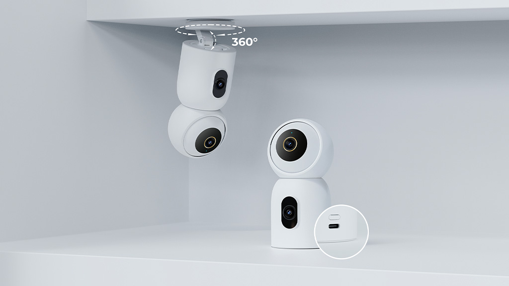 An image of the IMILAB C30 Dual sitting on a shelf with one mounted on a ceiling