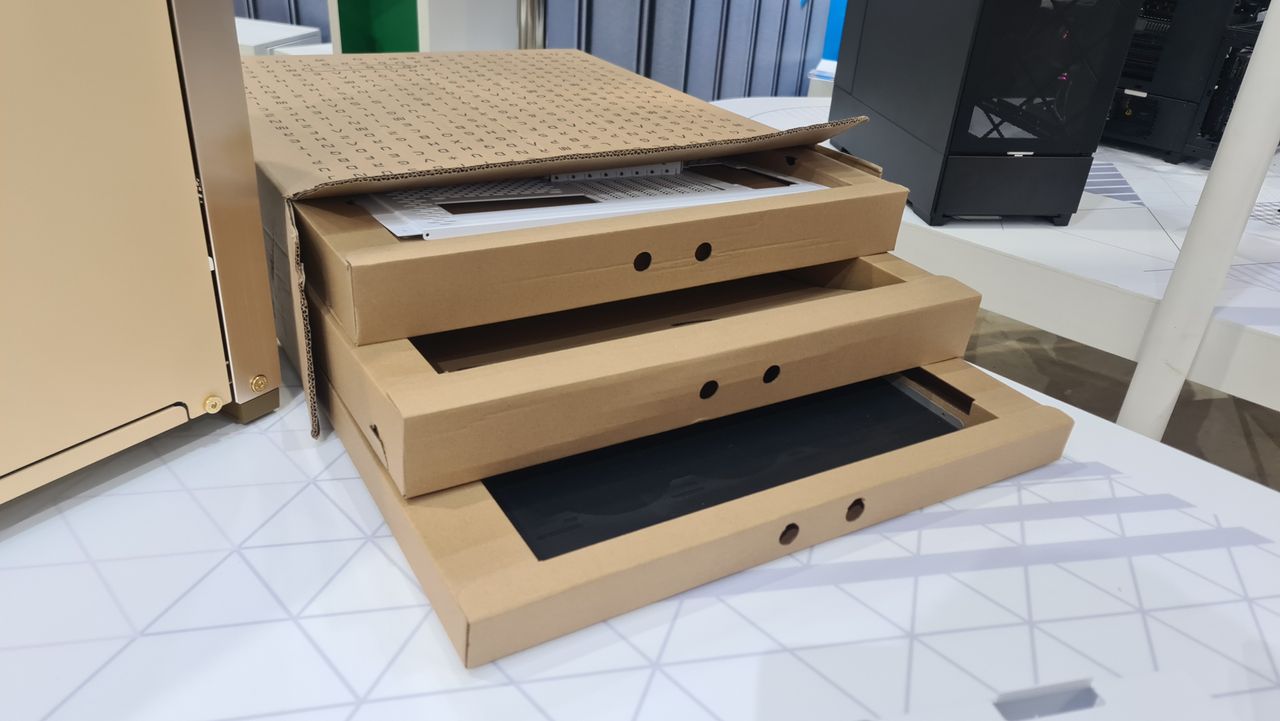 InWin flat-packed PC cases on display at Computex 2023.
