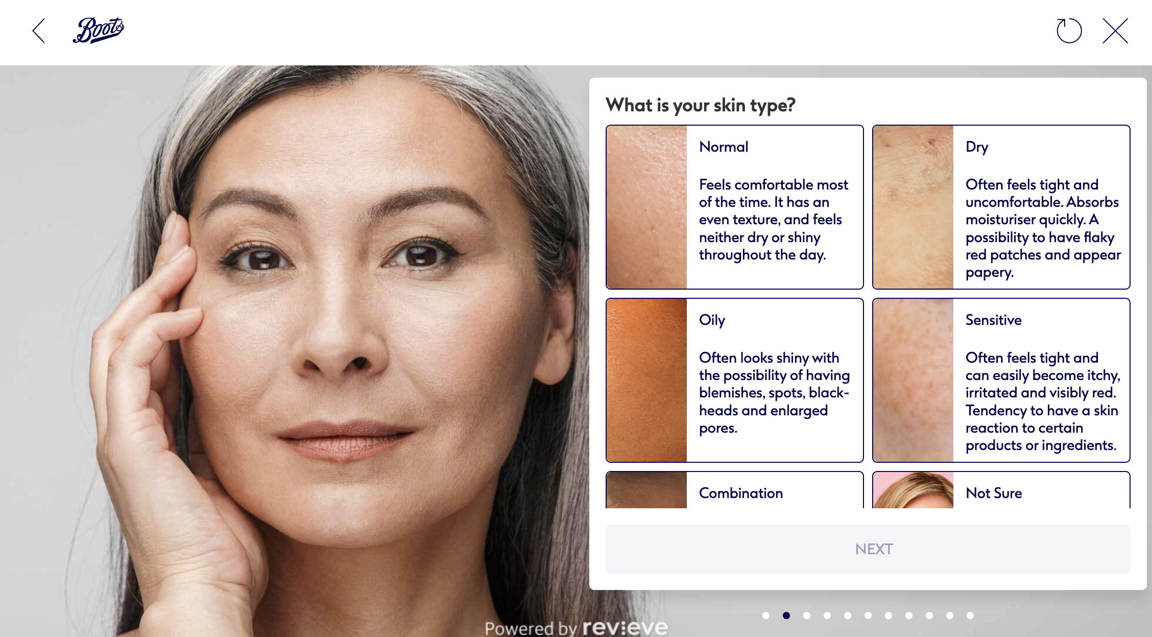 Boots Skin Analysis Tool, with a woman holding her face, and showing options of skin types and their descriptions