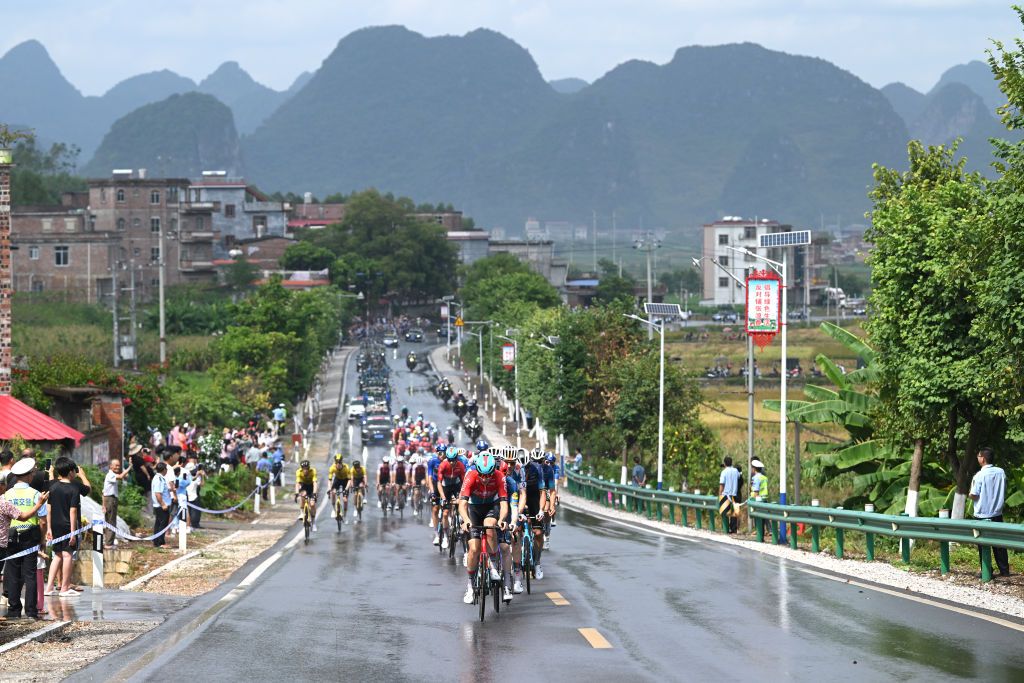 NONGLA CHINA OCTOBER 19 A general view of the peloton competing during the 5th GreeTour Of Guangxi 2024 Stage 5 a 1658km stage from Yizhou to Nongla 641m UCIWT on October 19 2024 in Nongla China Photo by Dario BelingheriGetty Images