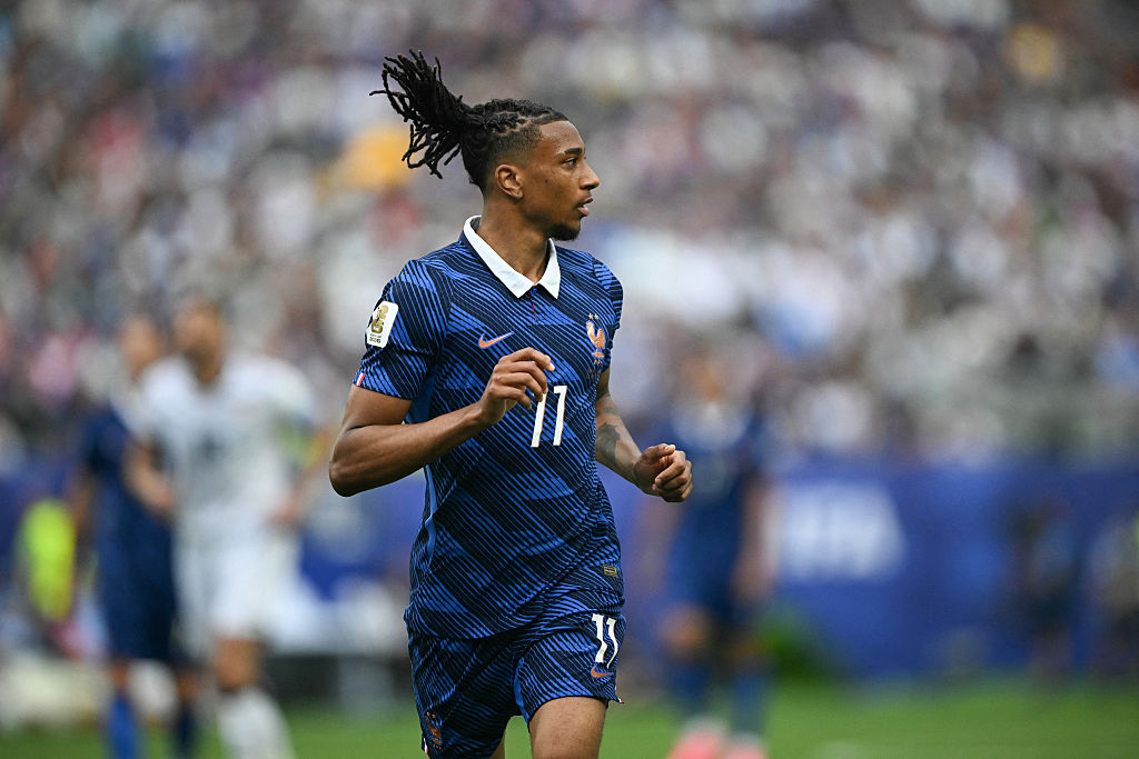 France's forward Michael Olise reacts during the 2026 World Cup Group I football match between France and Iraq at the Philadelphia Stadium