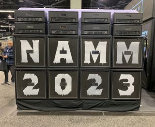 A stack of Revv amplifiers, on display for the 2023 NAMM show