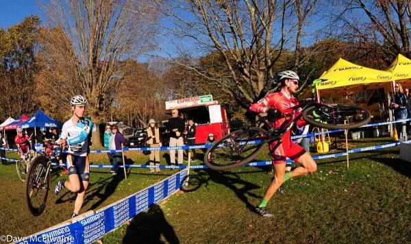 Lukas Winterberg (Philadelphia Cyclocross School) leads Luke Keough over the barriers.