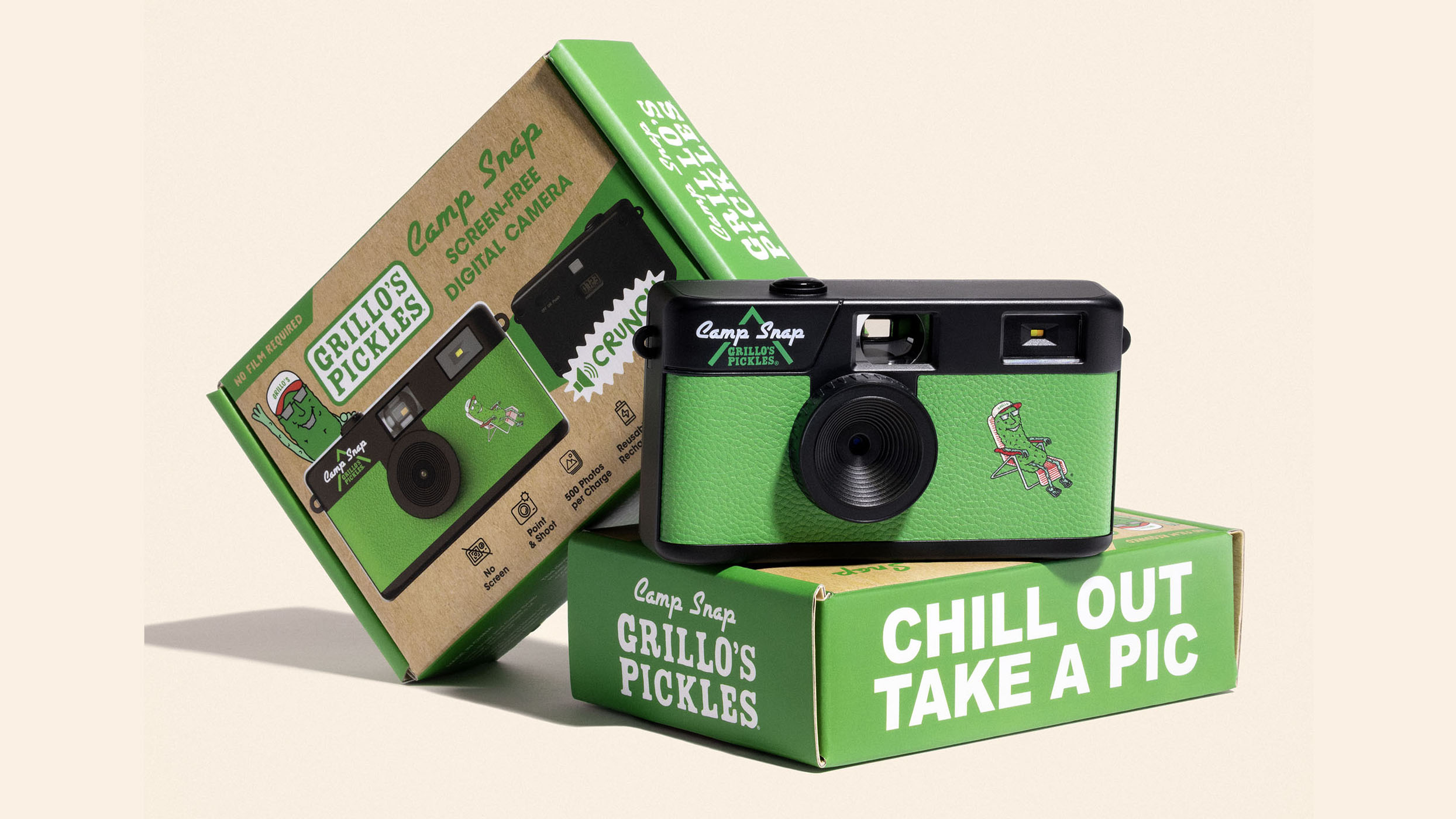 The Camp Snap x Grillo's compact camera is a green pickle-themed camera