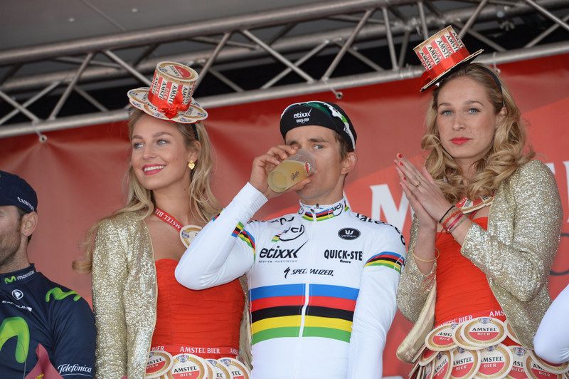 Michał Kwiatkowski (Etixx-QuickStep) enjoys his Amstel after claiming his first road win in the rainbow jersey