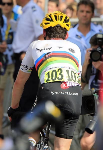A battered Mark Cavendish (Sky) finishes in Rouen after crashing heavily in the stage 4 finale.