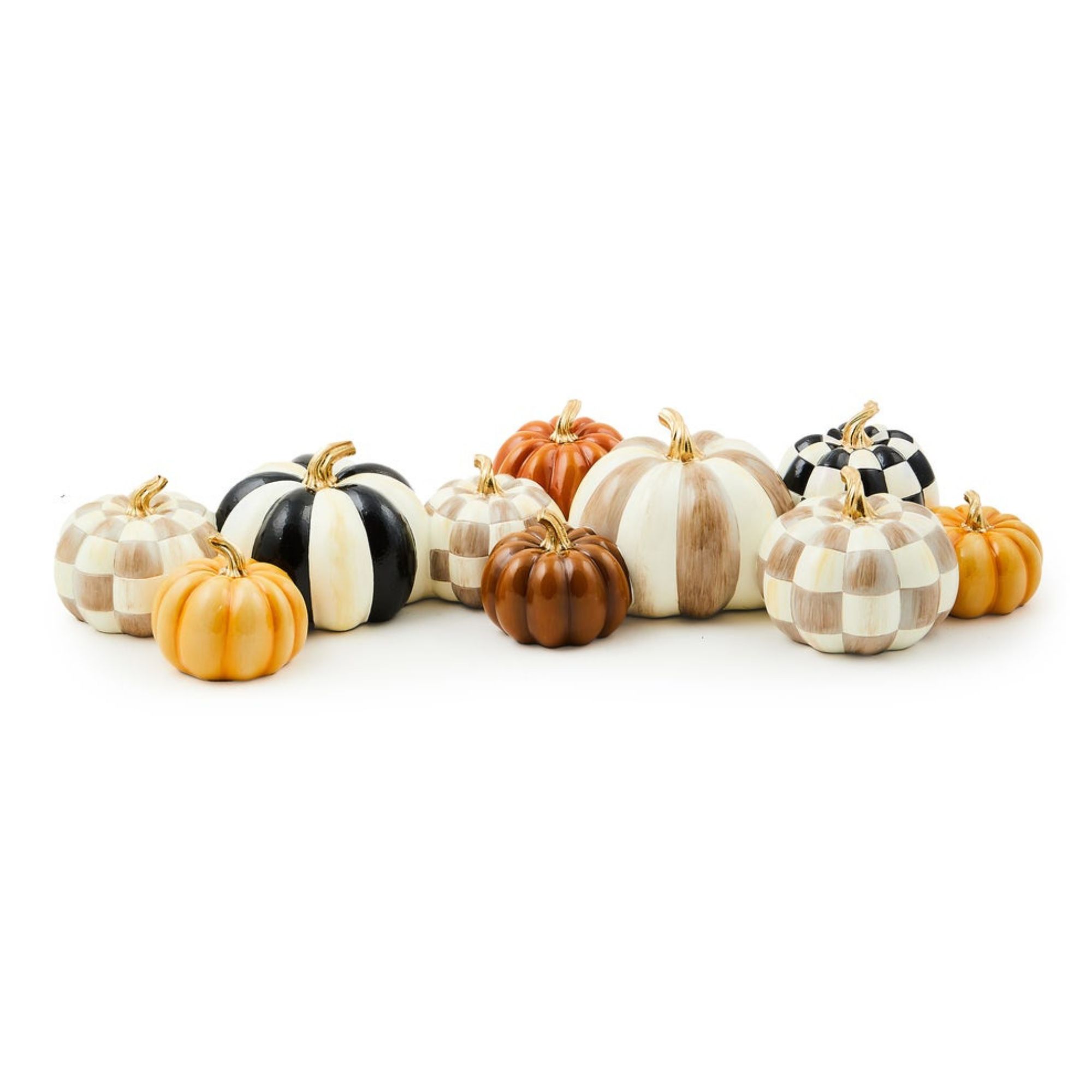 Small painted resin pumpkins in black and brown check print