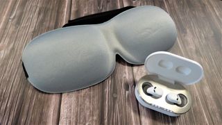 QuietOn sleep earplugs in charging case, with padded sleep mask