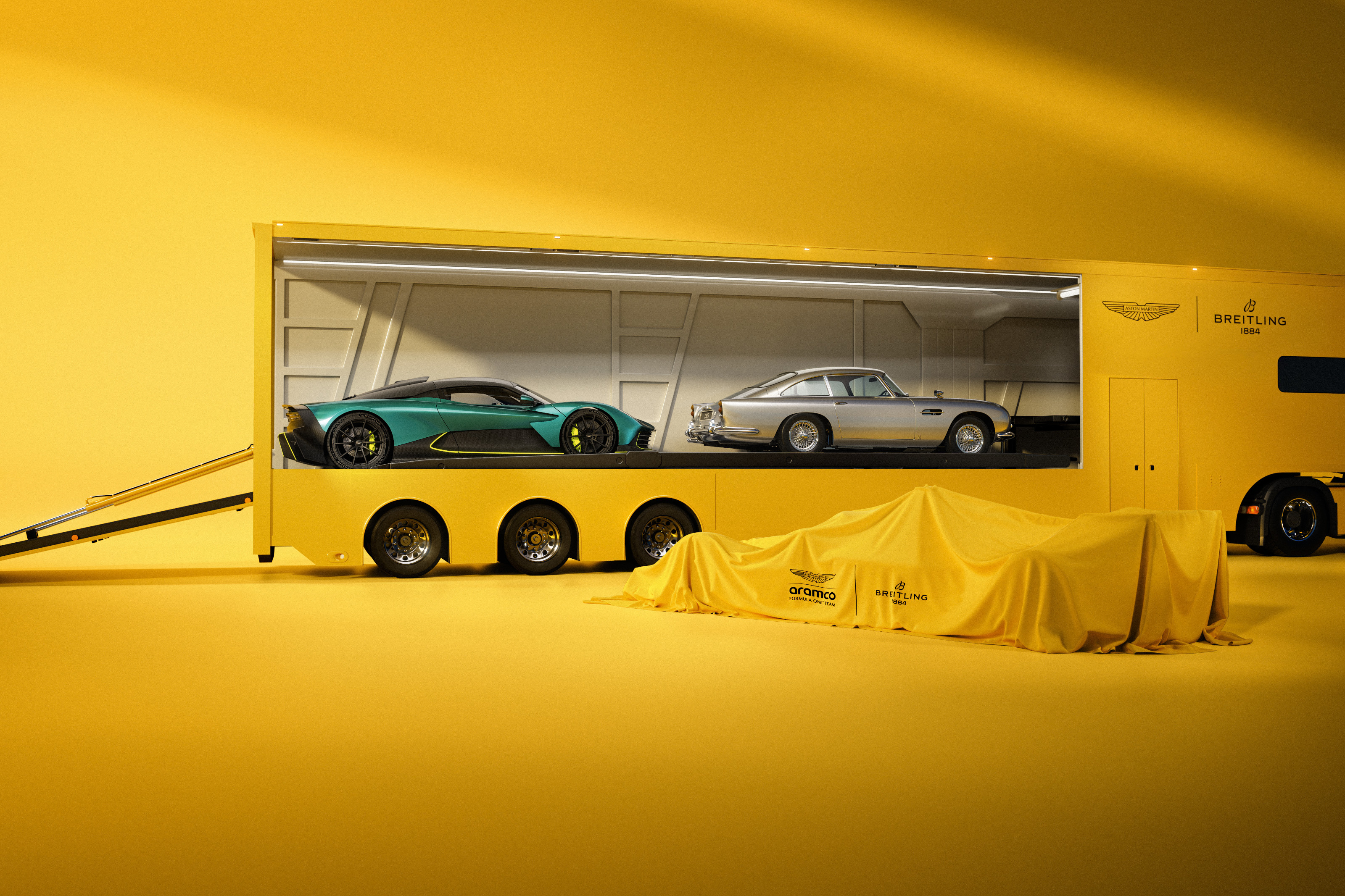 Aston Martin Valhalla, DB5 and the 2026 F1 car line-up to celebrate the new partership with Breitling