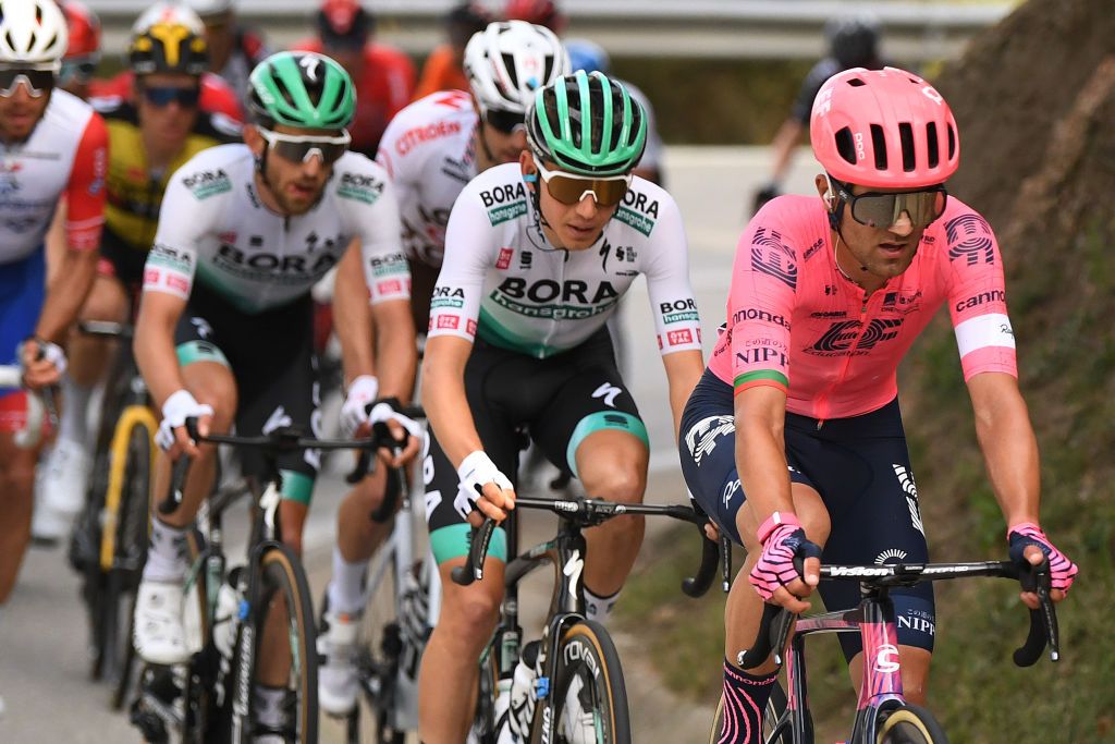 MANRESA SPAIN MARCH 26 Ruben Guerreiro of Portugal and Team EF Education Nippo Lennard Kmna of Germany and Team BORA Hansgrohe during the 100th Volta Ciclista a Catalunya 2021 Stage 5 a 2015km stage from La Pobla De Segur to Manresa 220m VoltaCatalunya100 on March 26 2021 in Manresa Spain Photo by David RamosGetty Images