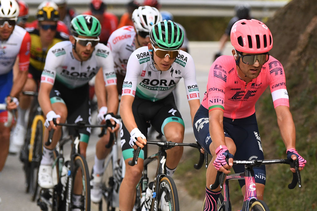 MANRESA SPAIN MARCH 26 Ruben Guerreiro of Portugal and Team EF Education Nippo Lennard Kmna of Germany and Team BORA Hansgrohe during the 100th Volta Ciclista a Catalunya 2021 Stage 5 a 2015km stage from La Pobla De Segur to Manresa 220m VoltaCatalunya100 on March 26 2021 in Manresa Spain Photo by David RamosGetty Images