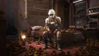 Arc Raiders patch notes: A raider wearing white and blue armour sat down on the corner of the den bed surrounded by rubber ducks.