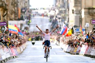 GLASGOW SCOTLAND AUGUST 06 Mathieu Van Der Poel of The Netherlands celebrates at finish line as gold medal winner during the 96th UCI Cycling World Championships Glasgow 2023 Men Elite Road Race a 2711km one day race from Edinburgh to Glasgow UCIWT on August 06 2023 in Glasgow Scotland Photo by Dario BelingheriGetty Images