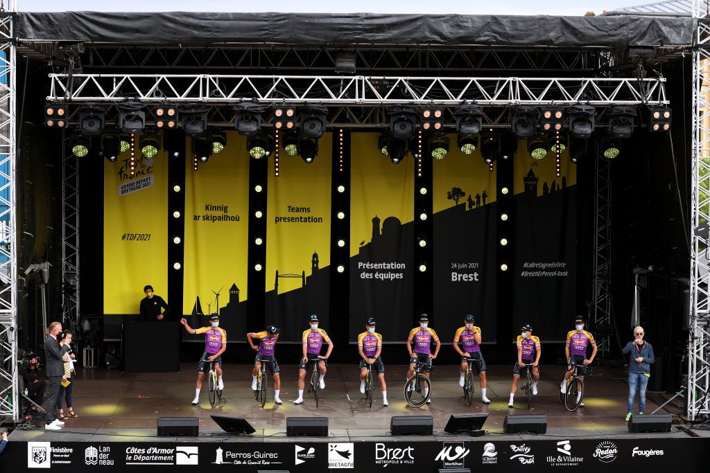BREST FRANCE JUNE 24 Petr Vako of Czech Republic Kristian Sbaragli of Italy Tim Merlier of Belgium Xandro Meurisse of Belgium Mathieu Van Der Poel of The Netherlands Silvan Dillier of Switzerland Jasper Philipsen of Belgium Jonas Rickaert of Belgium and Team AlpecinFenix during the 108th Tour de France 2021 Team Presentation LeTour TDF2021 on June 24 2021 in Brest France Photo by Tim de WaeleGetty Images