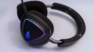 Asus ROG Delta II gaming headset's ear cushions, headband, and RGB lighting