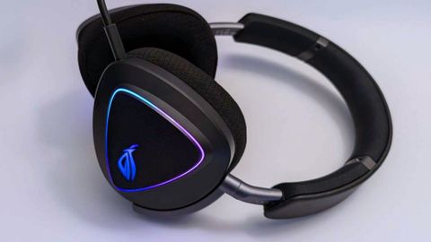 Asus ROG Delta II gaming headset&#039;s ear cushions, headband, and RGB lighting