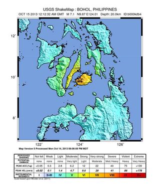 Strong shaking from a magnitude-7.1 earthquake on Oct. 15 killed more than 90 people and damaged structures in the central Philippines.