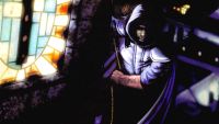 Garrett from Thief climbing the side of a building, city visible in background and stained glass window in foreground.