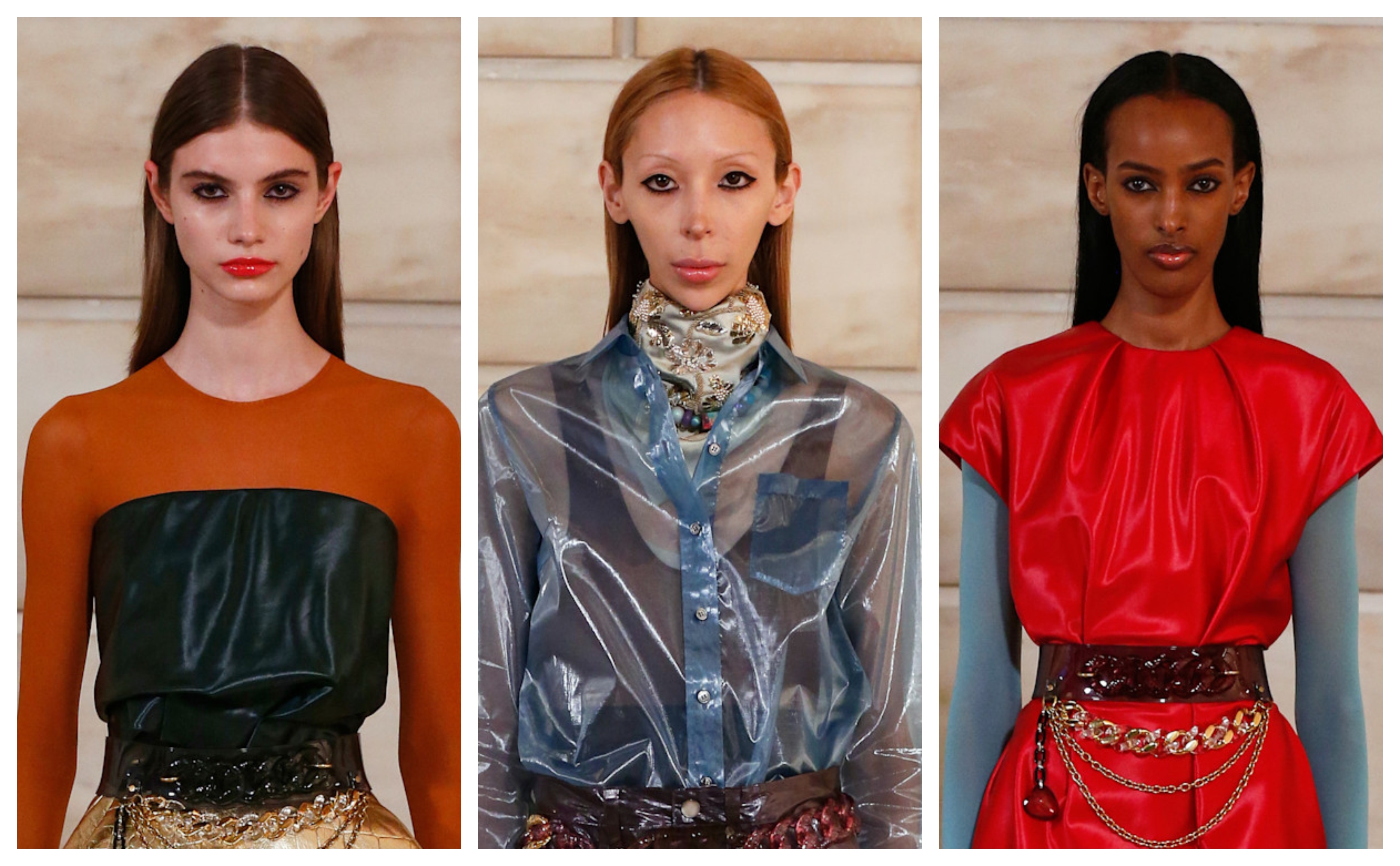 three models in colorful clothing with dark black eyeliner