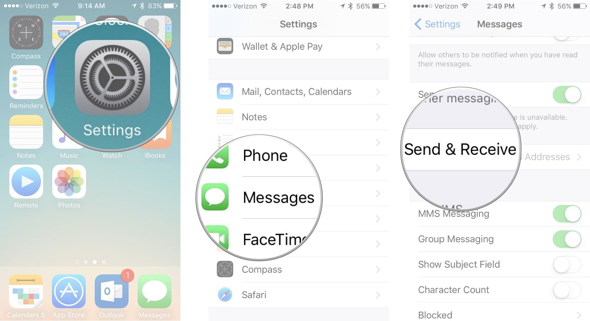 Change iMessage Apple ID, showing how to open Settings, then tap Messages, then tap Send & Receive