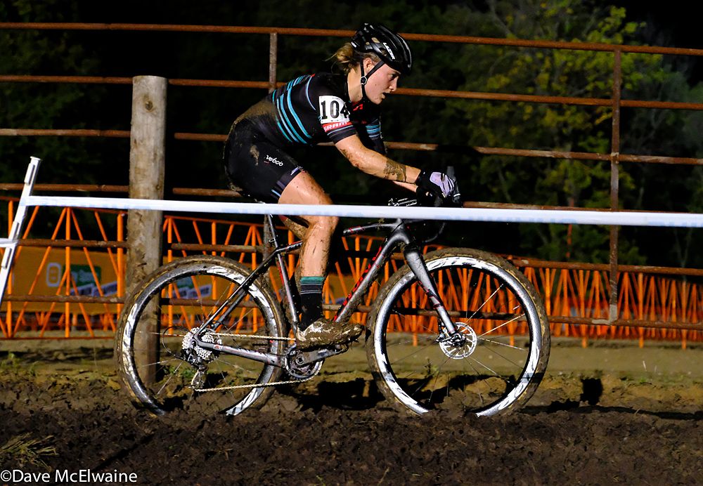 Elle Anderson (Elle Anderson Racing) approaching the flyovers while riding in third place