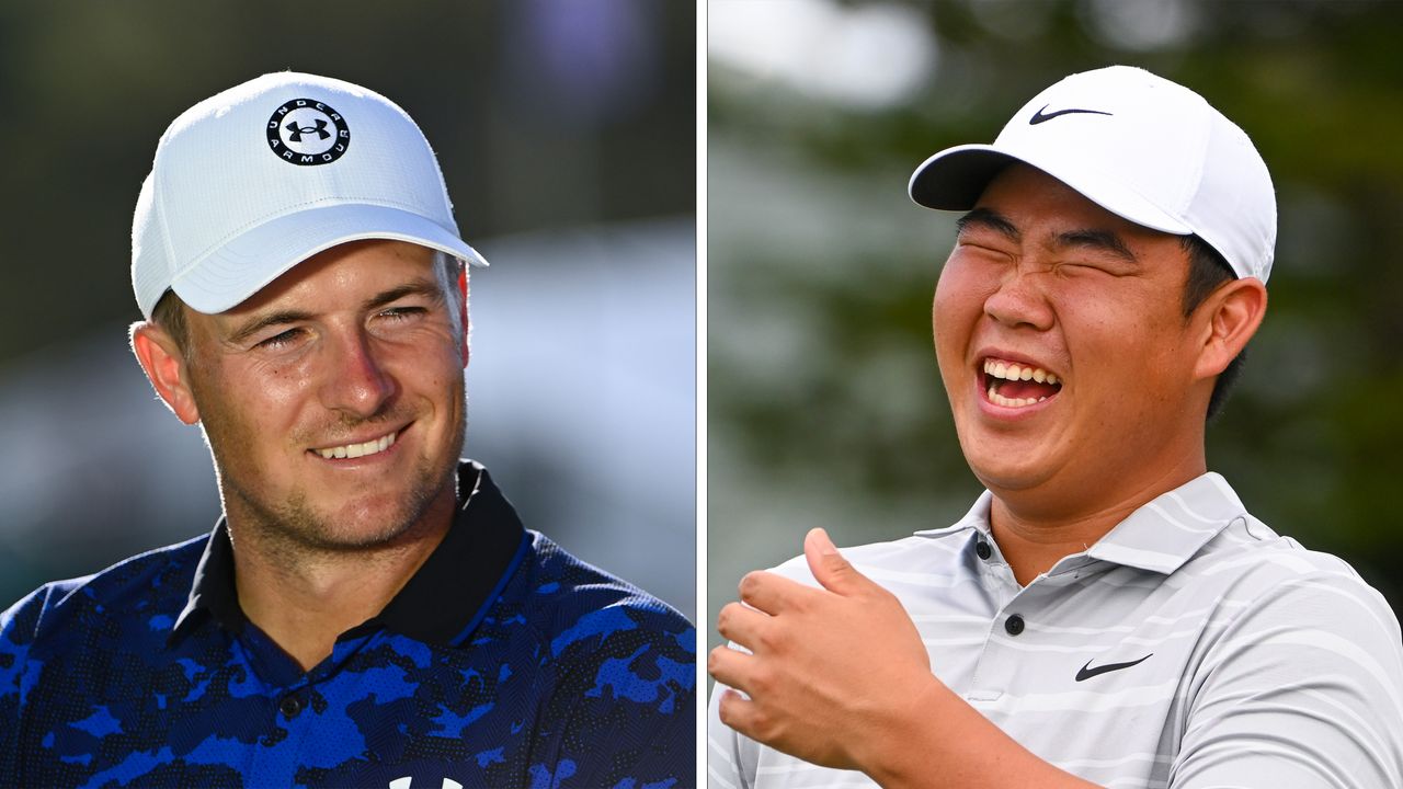 Jordan Spieth (left) and Tom Kim (right) smiling during the 2023 Sentry Tournament of Champions