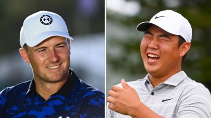 Jordan Spieth (left) and Tom Kim (right) smiling during the 2023 Sentry Tournament of Champions