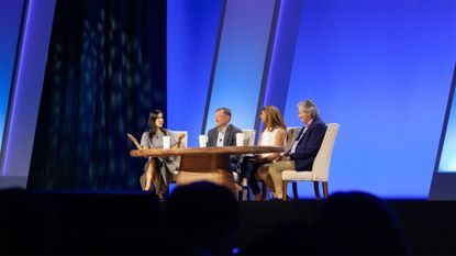 Lisa Ling, journalist and broadcaster; Rana el Kaliouby, co-founder of AI firm Affectiva; Paul Calleja, director of research computing at the University of Cambridge; and John Roese, global CTO at Dell Technologies, speaking onstage at Dell Technologies World 2024.