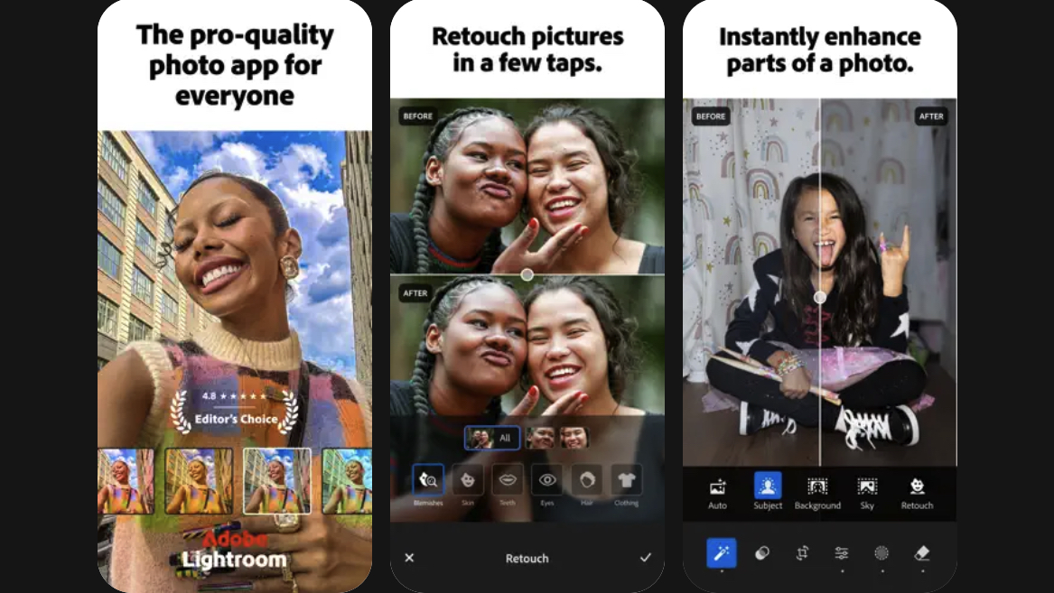 Marketing images of the Lightroom app
