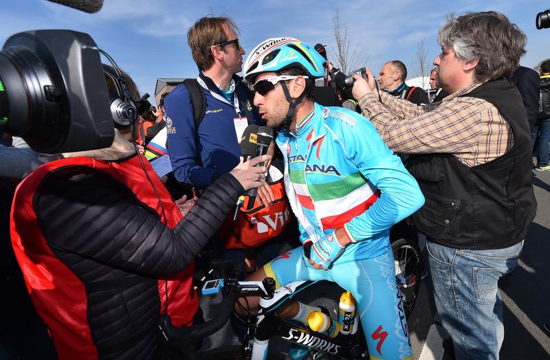 Vincenzo Nibali (Astana) with reporters from RAI after the race