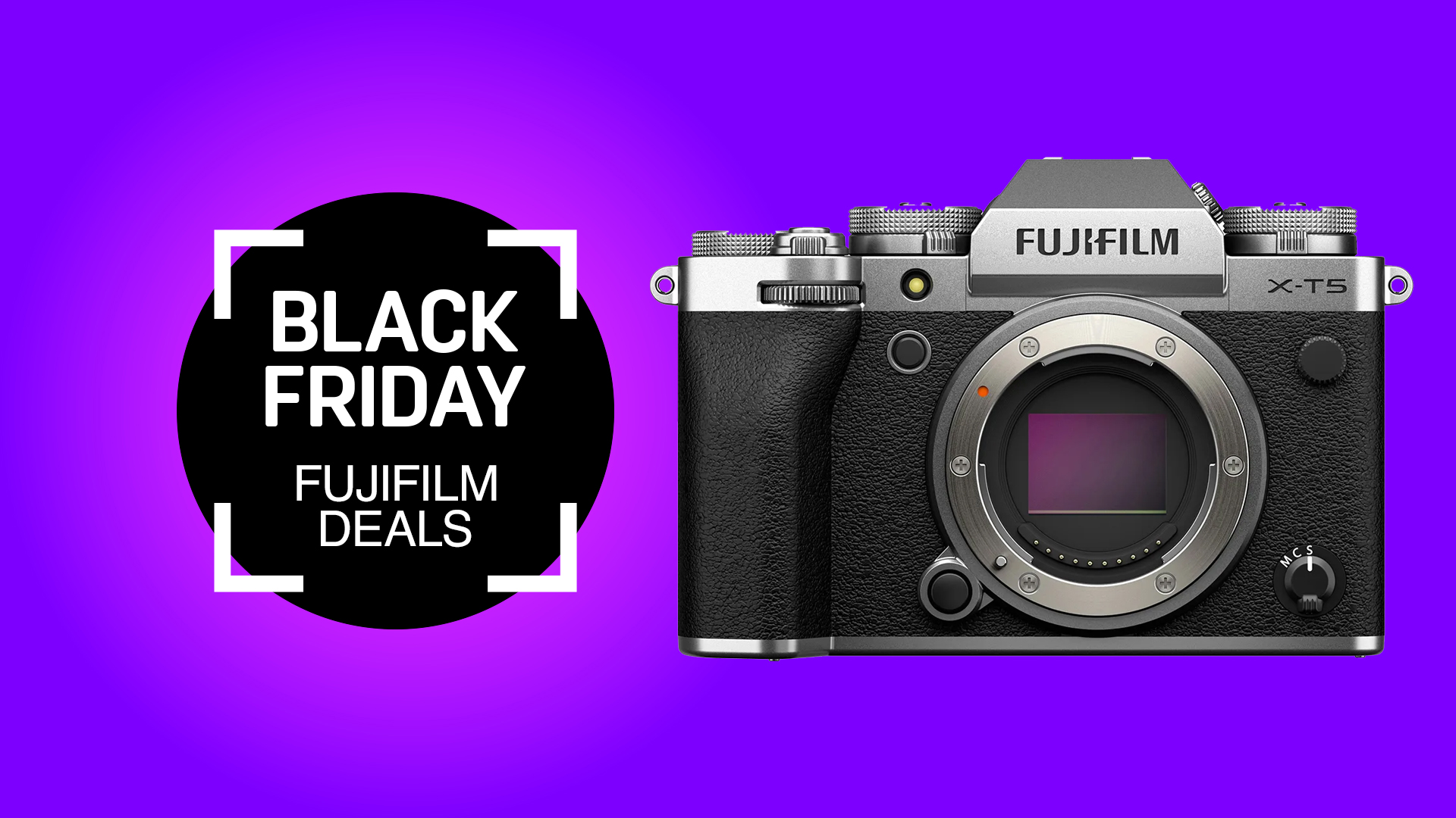 The Fujifilm X-T5 on a colorful background with the words "Black Friday Fujifilm deals"