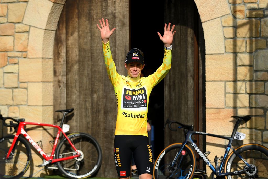 AMASAVILLABONA SPAIN APRIL 05 Jonas Vingegaard of Denmark and Team Jumbo Visma at podium ceremony as Yellow Leader Jersey winner during the 62nd Itzulia Basque Country Stage 3 a 1539km stage from Errenteria to AmasaVillabona 167m UCIWT on April 05 2023 in AmasaVillabona Spain Photo by David RamosGetty Images