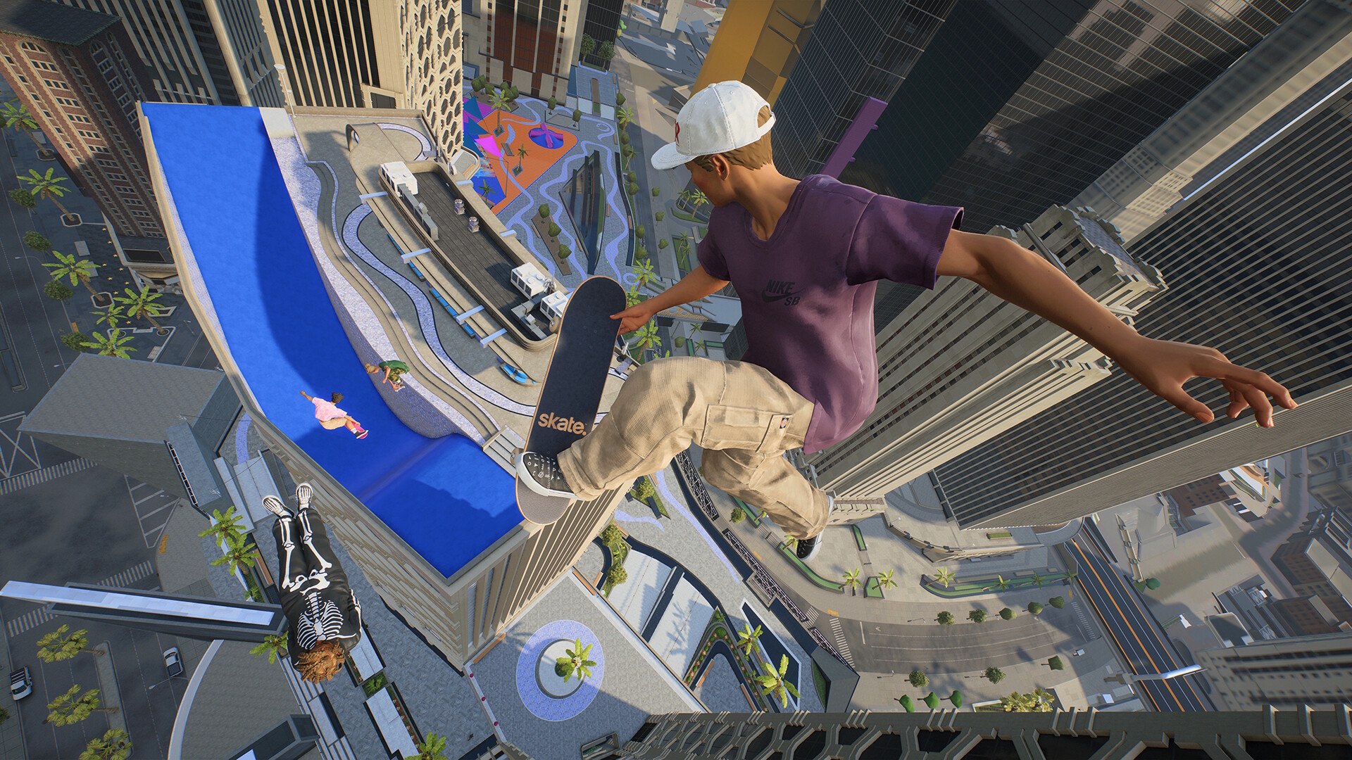 Skate everything we know about the series revival so far - a male skater doing a trick high up in the air as skaters below him do tricks too