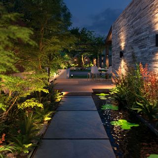 garden path at dusk light up with a variety of spot lights and wall lights