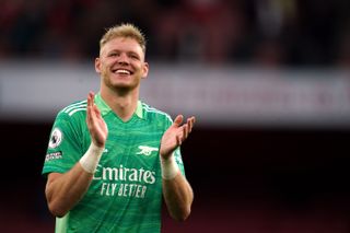 Arsenal goalkeeper Aaron Ramsdale applauds the fans after the Premier League match at the Emirates Stadium, London. Picture date: Sunday September 26, 2021