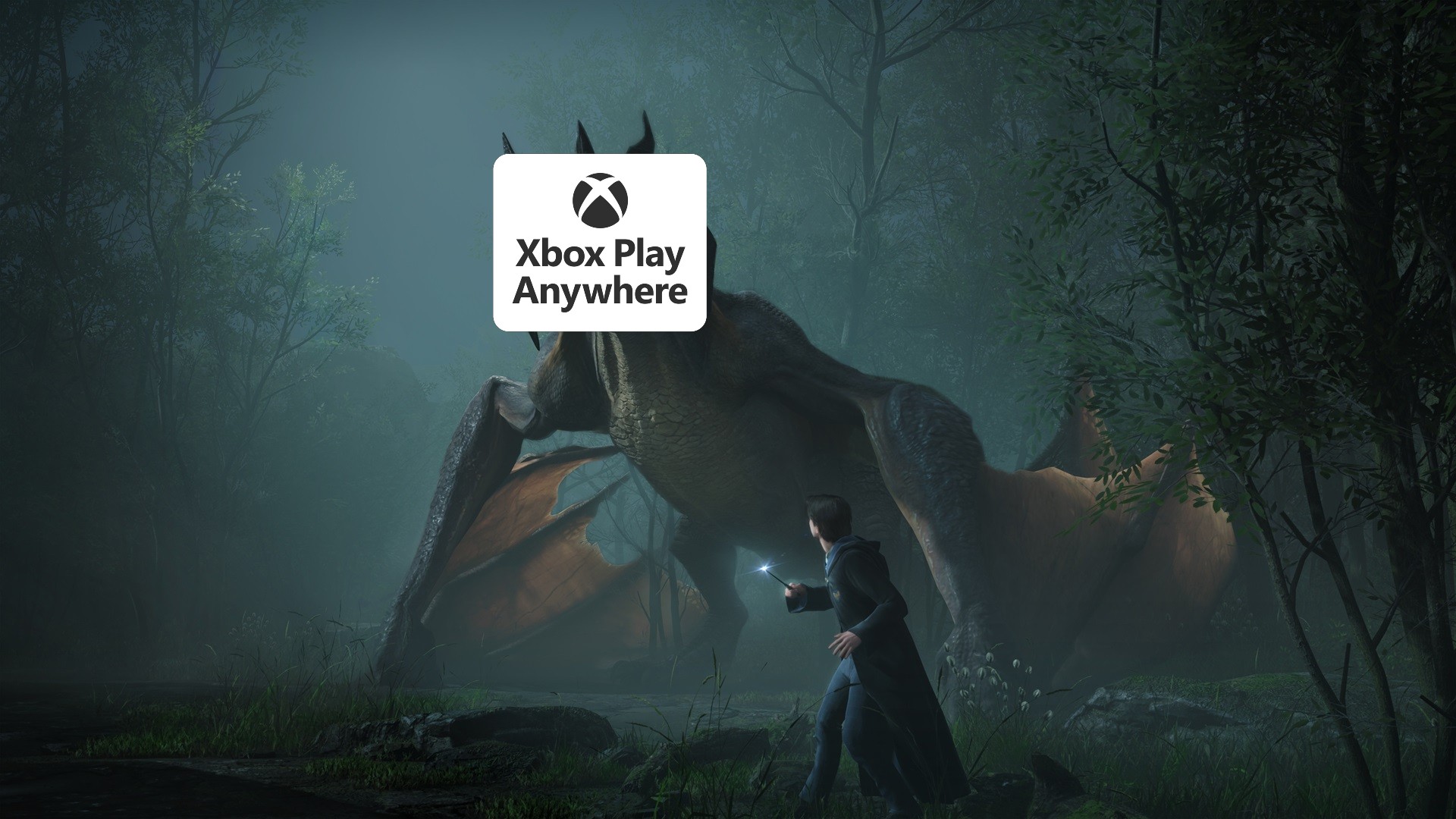 Hogwarts student battling Xbox Play Anywhere logo