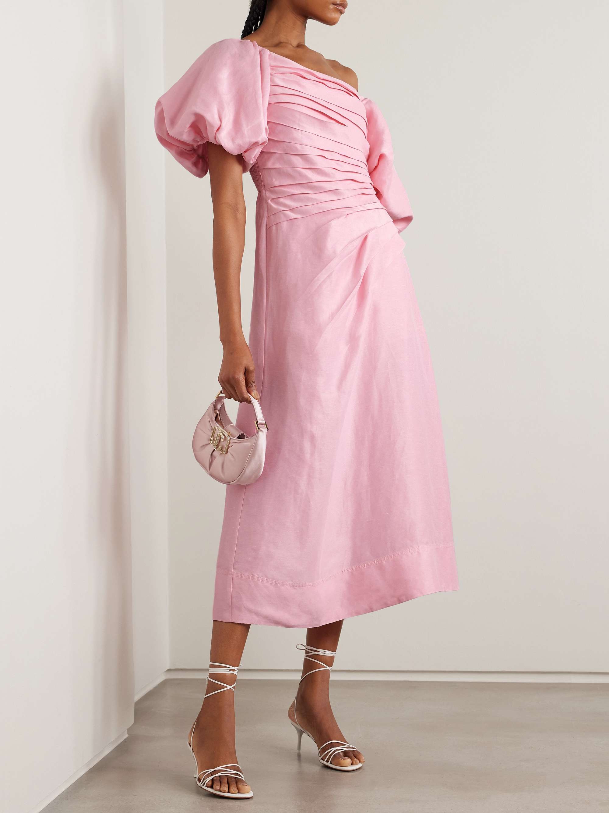 Cadence Asymmetric Pleated Dupioni Midi Dress