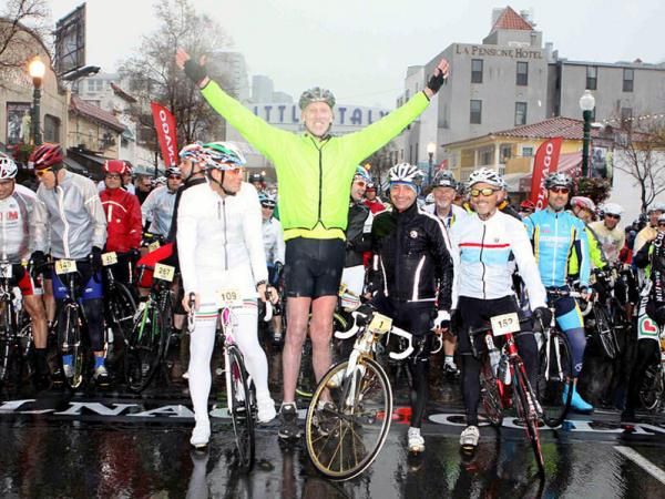 NBA Hall of Famer, Bill Walton with Paolo Bettini at the start of the very wet Colnago Gran Fondo San Diego.
