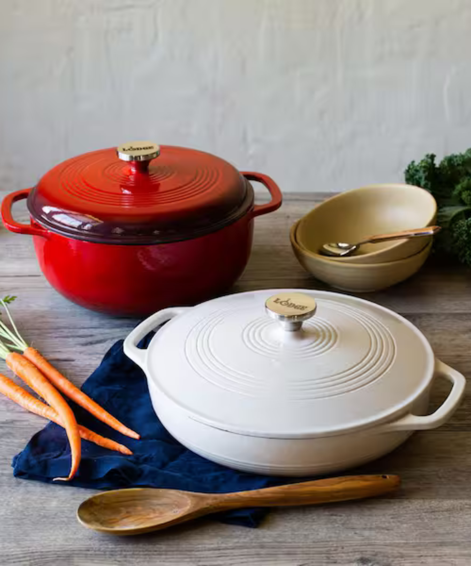 Lodge dutch ovens in red and white